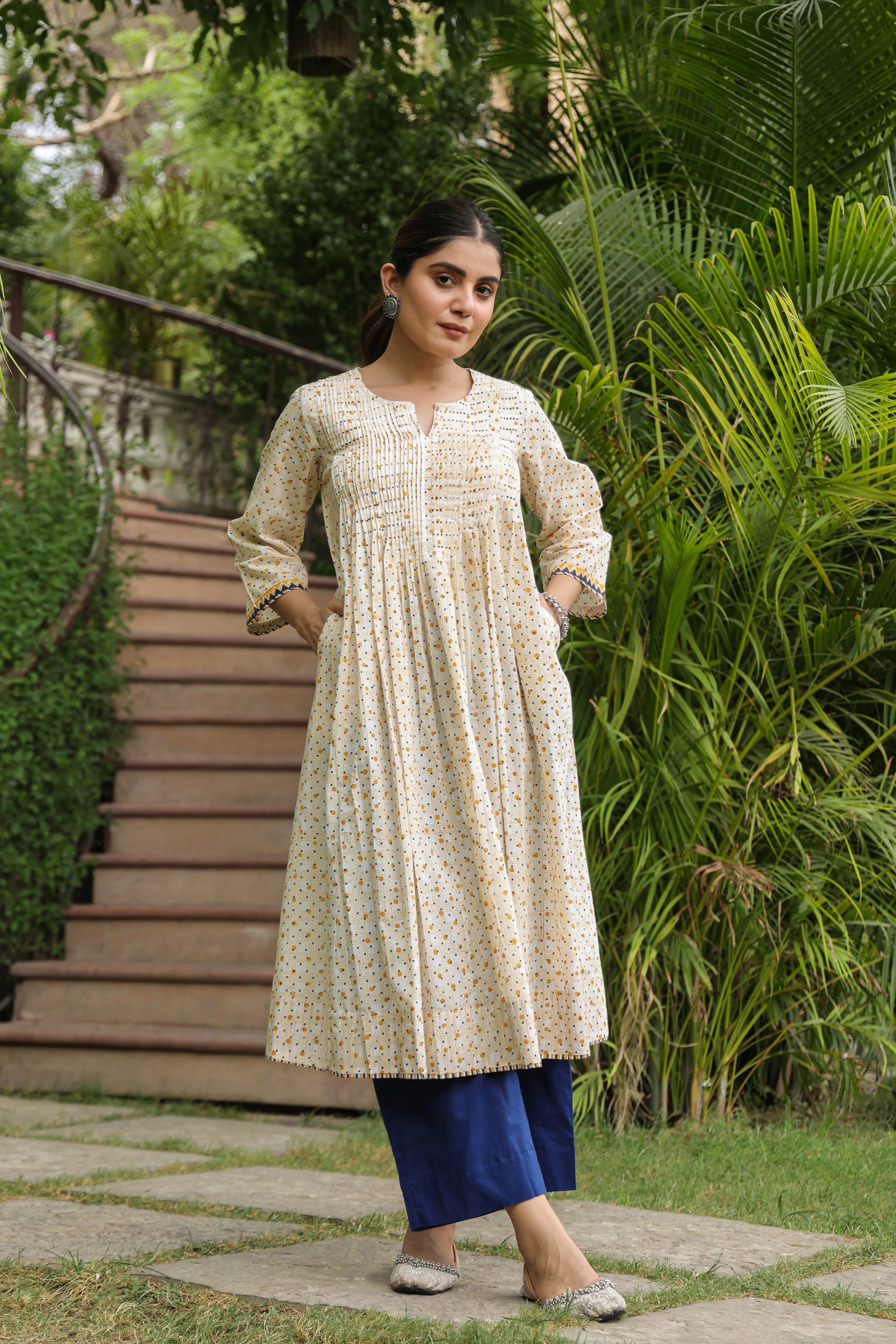Cream Cotton Handblock Aline Kurta For Women's