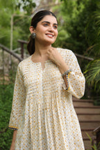 Cream Cotton Handblock Aline Kurta For Women's