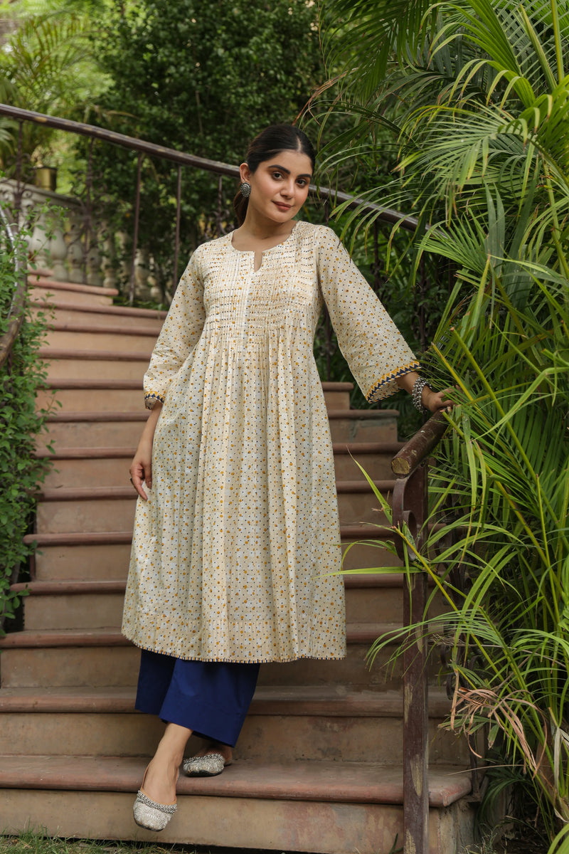 Cream Cotton Handblock Aline Kurta For Women's