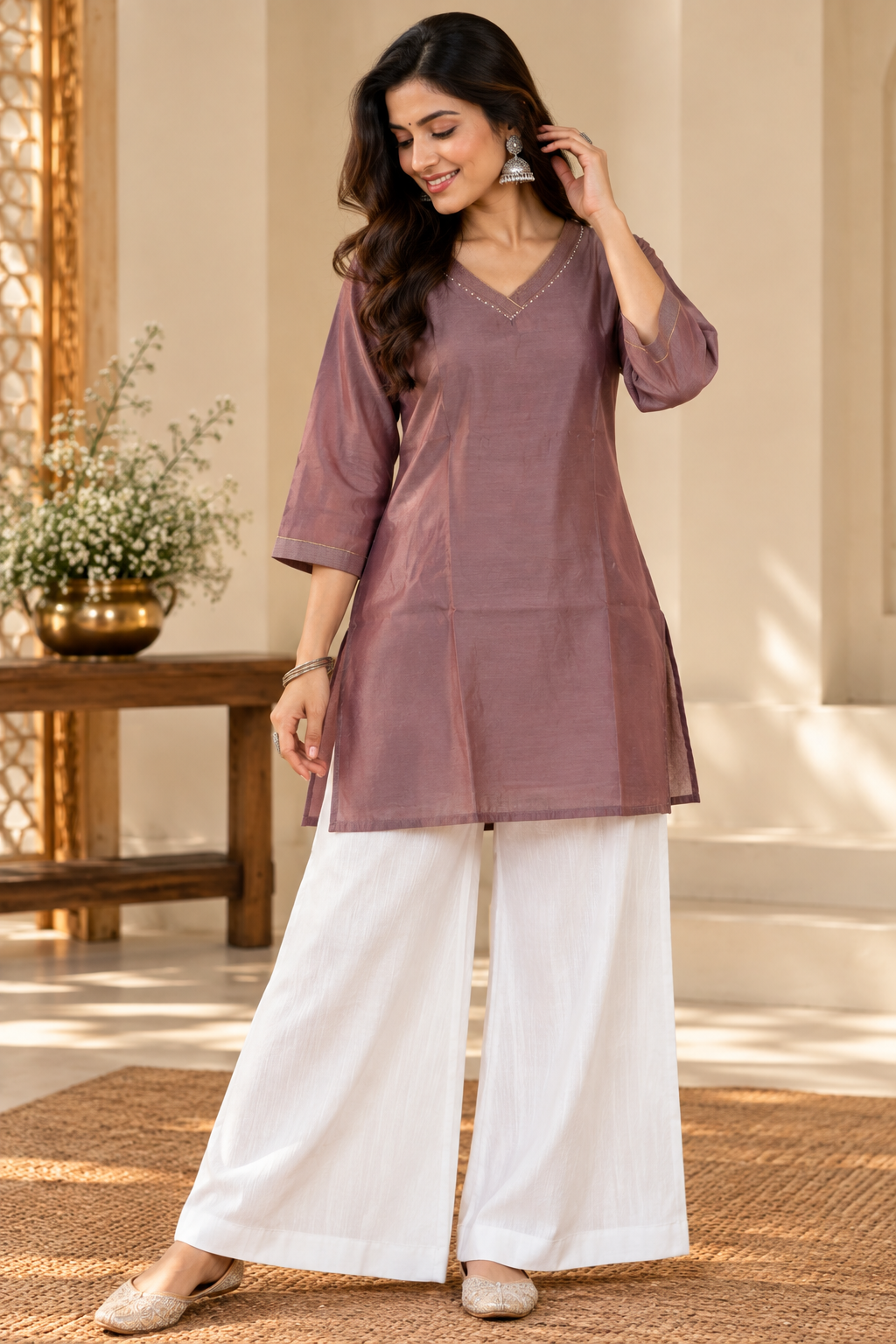 Wine Chanderi Short Kurti