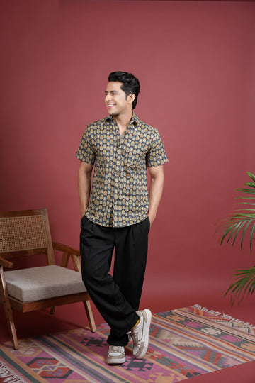 BLUE,BROWN AND BEIGE COTTON COLLAR NECK HOUSE BLOCK PRINT SHIRT FOR MEN'S