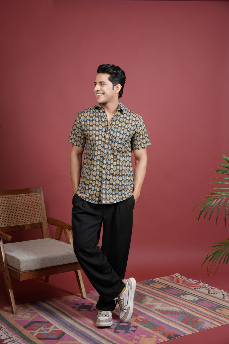 BLUE,BROWN AND BEIGE COTTON COLLAR NECK HOUSE BLOCK PRINT SHIRT FOR MEN'S