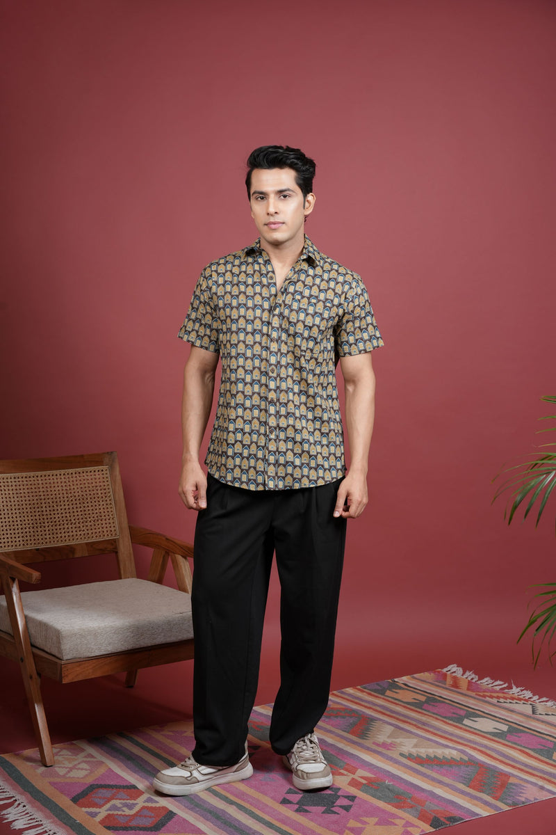 BLUE,BROWN AND BEIGE COTTON COLLAR NECK HOUSE BLOCK PRINT SHIRT FOR MEN'S