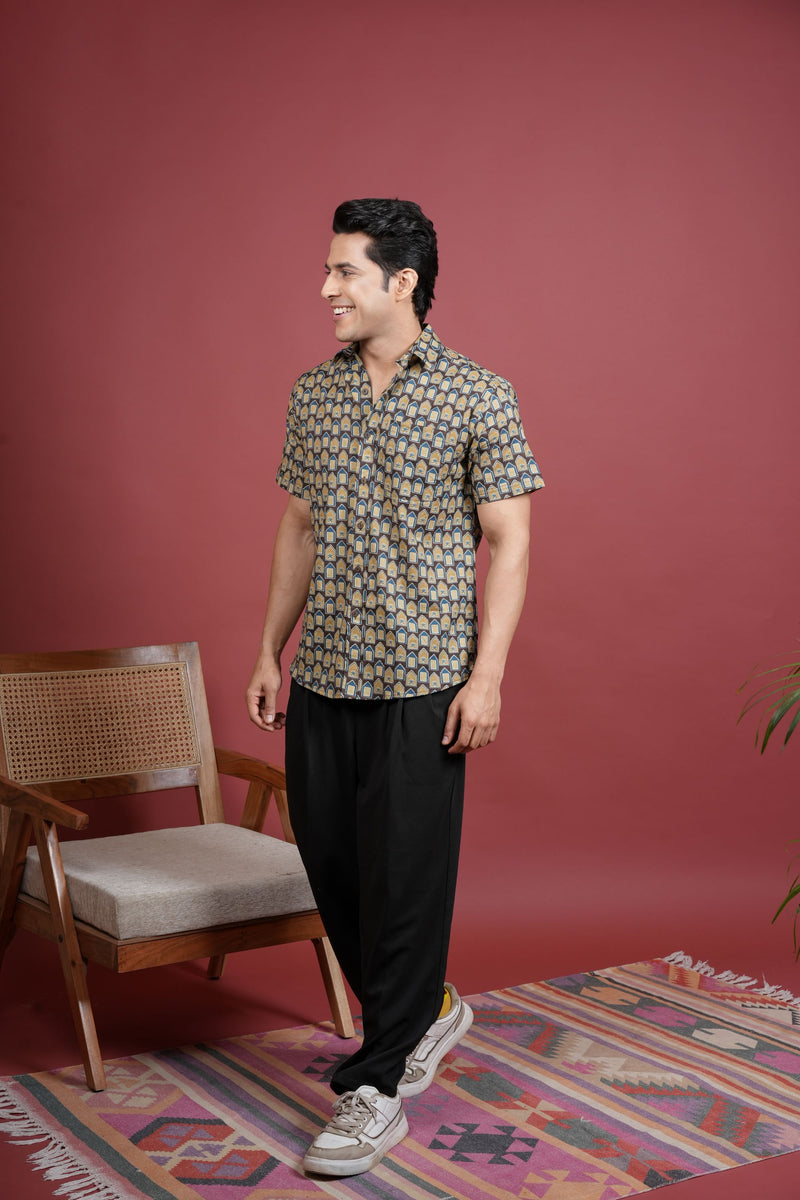 BLUE,BROWN AND BEIGE COTTON COLLAR NECK HOUSE BLOCK PRINT SHIRT FOR MEN'S