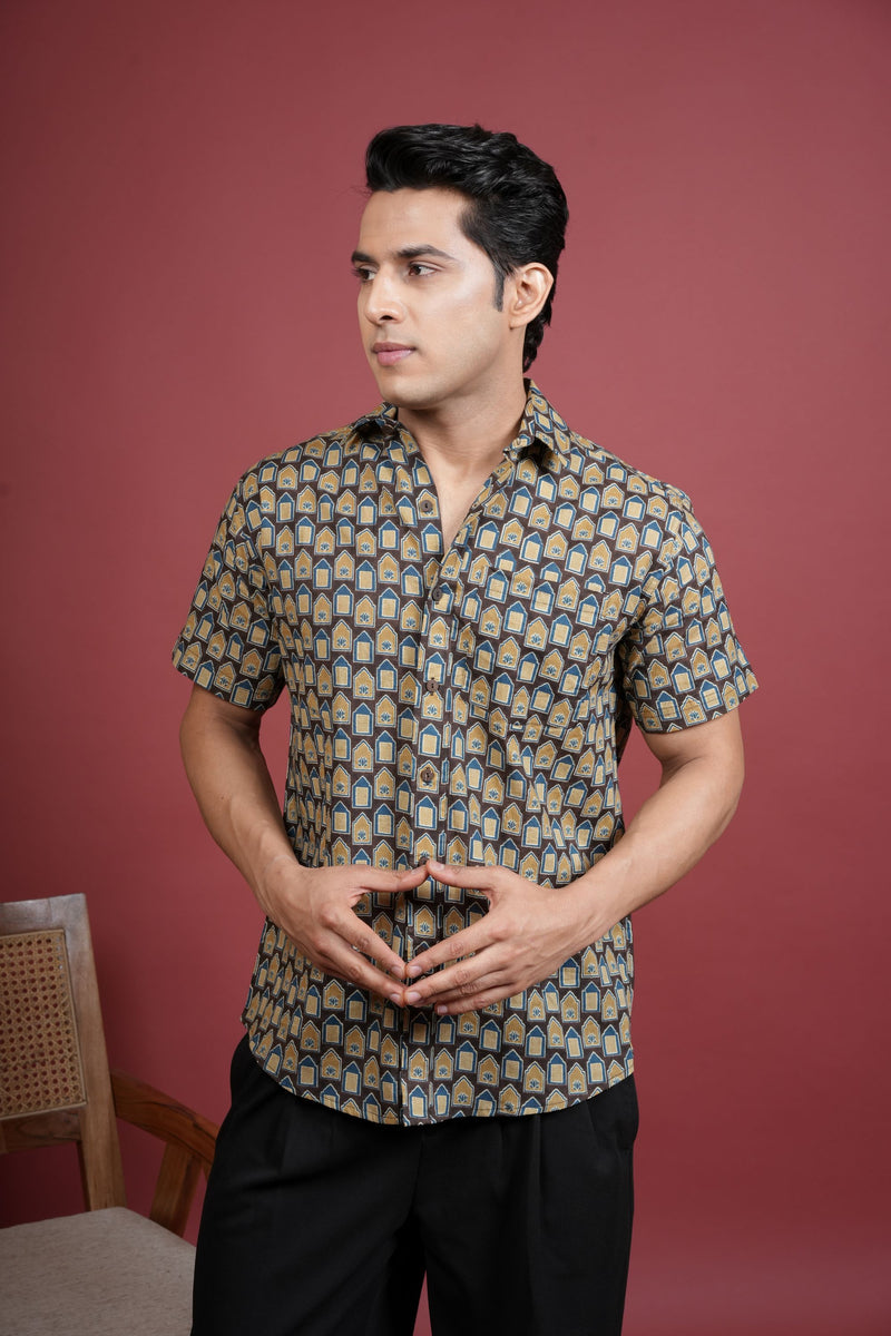 BLUE,BROWN AND BEIGE COTTON COLLAR NECK HOUSE BLOCK PRINT SHIRT FOR MEN'S