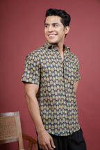 BLUE,BROWN AND BEIGE COTTON COLLAR NECK HOUSE BLOCK PRINT SHIRT FOR MEN'S