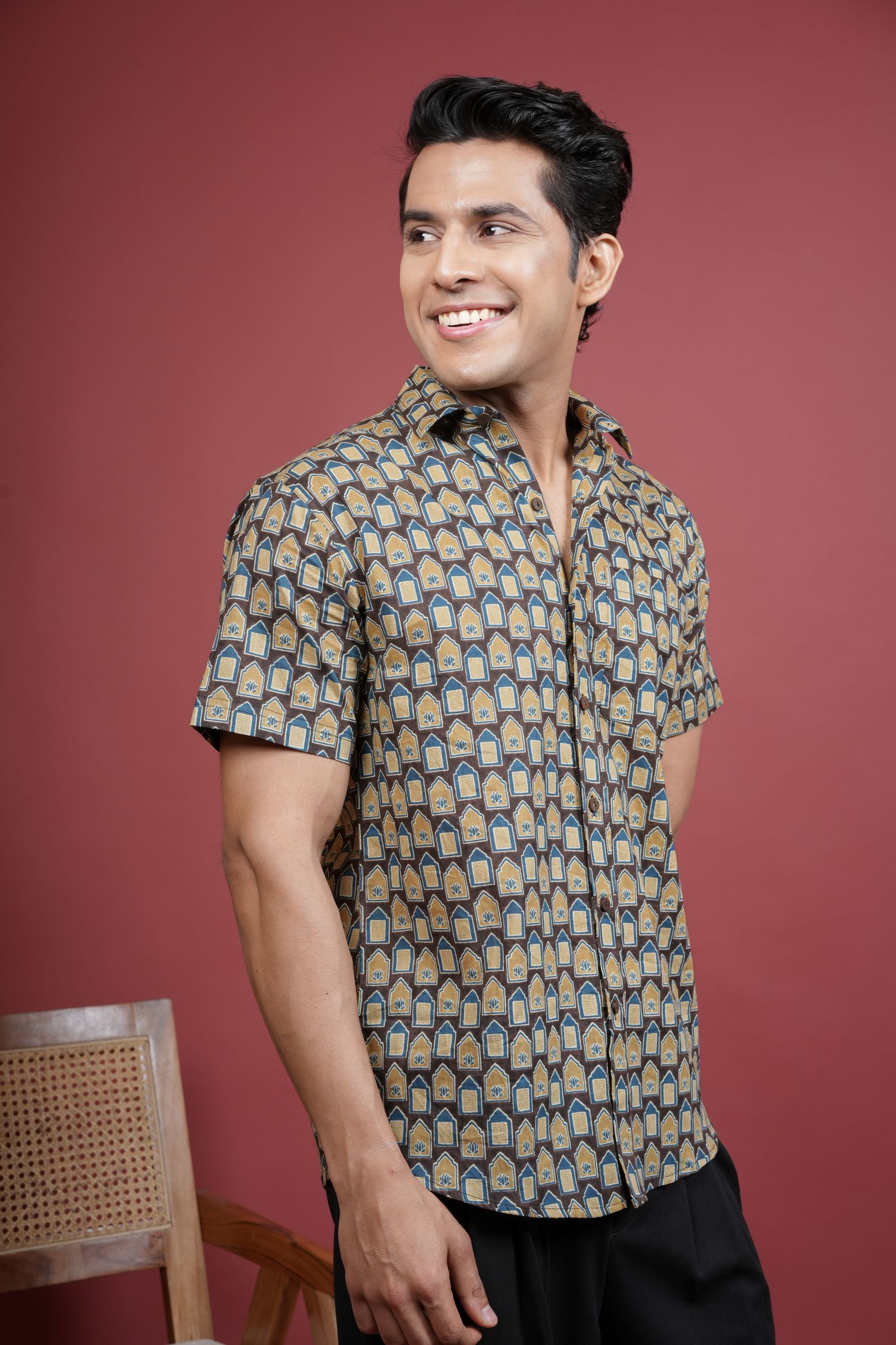 BLUE,BROWN AND BEIGE COTTON COLLAR NECK HOUSE BLOCK PRINT SHIRT FOR MEN'S