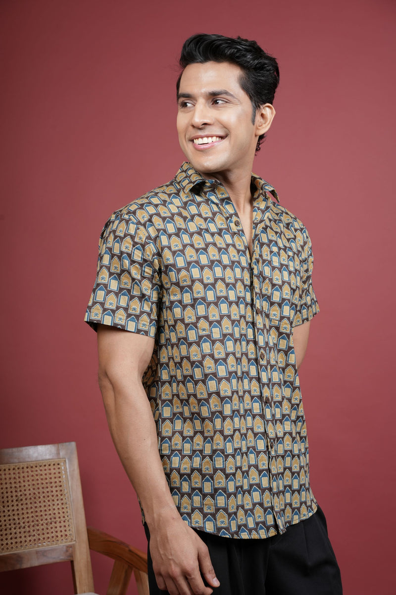 BLUE,BROWN AND BEIGE COTTON COLLAR NECK HOUSE BLOCK PRINT SHIRT FOR MEN'S