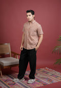 BEIGE AND RUST COTTON COLLAR NRCK HANDBLOCK SHIRT FOR MEN'S