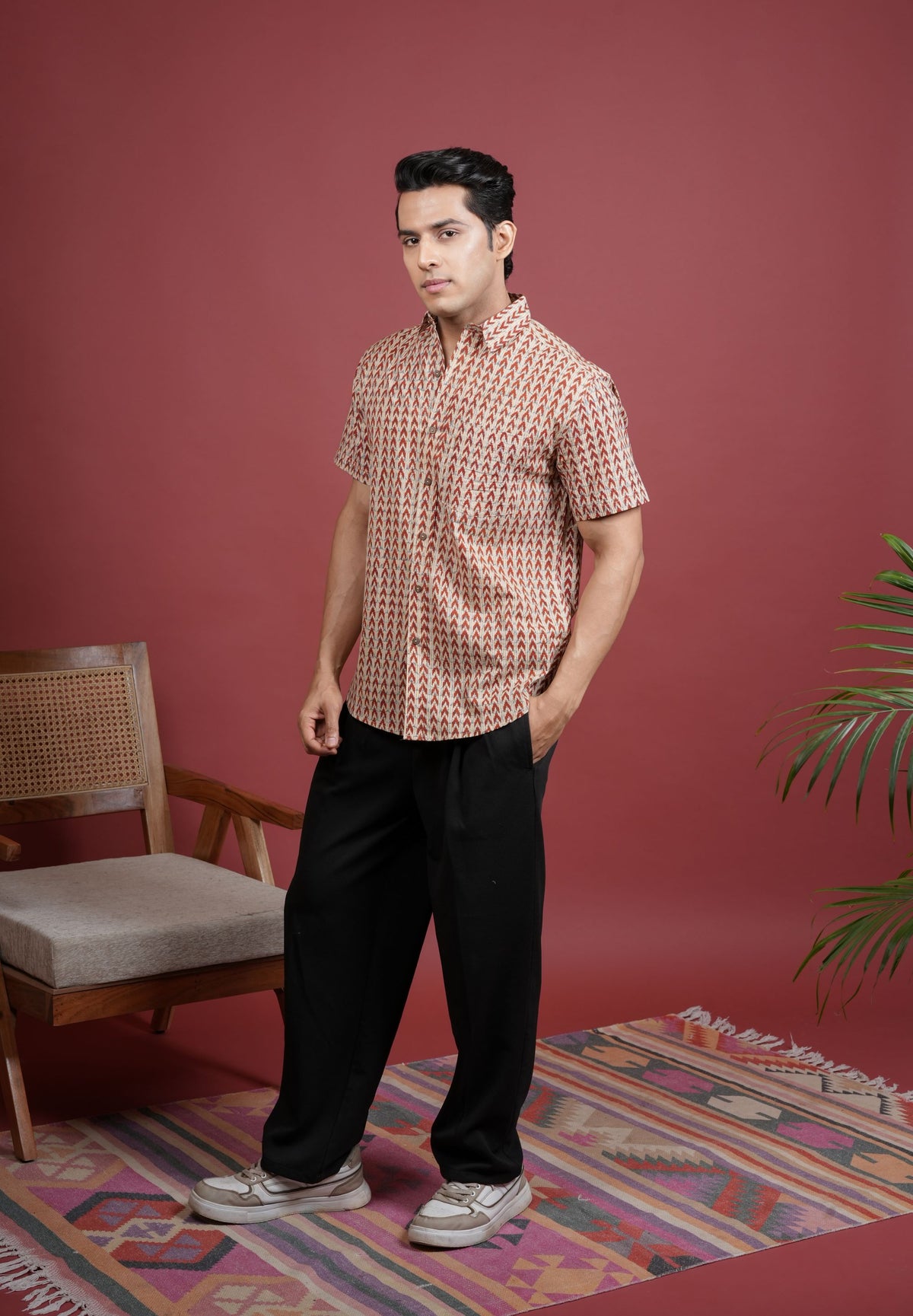 BEIGE AND RUST COTTON COLLAR NRCK HANDBLOCK SHIRT FOR MEN'S