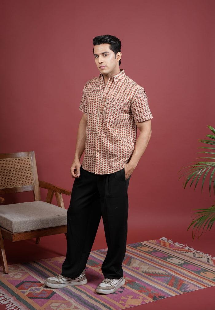 BEIGE AND RUST COTTON COLLAR NRCK HANDBLOCK SHIRT FOR MEN'S