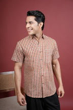 BEIGE AND RUST COTTON COLLAR NRCK HANDBLOCK SHIRT FOR MEN'S