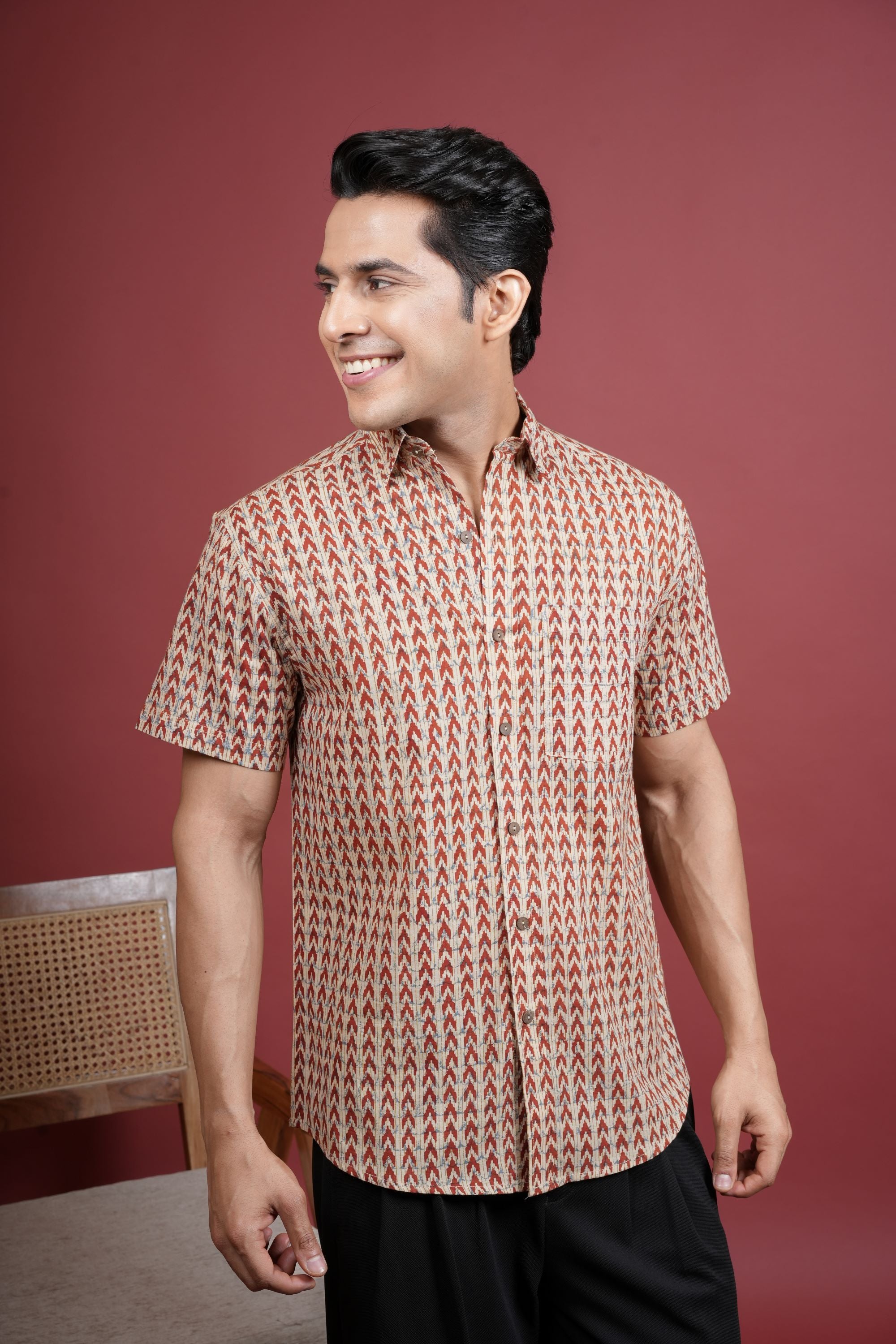 BEIGE AND RUST COTTON COLLAR NRCK HANDBLOCK SHIRT FOR MEN'S