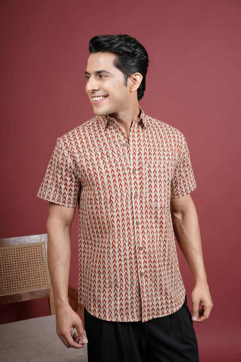 BEIGE AND RUST COTTON COLLAR NRCK HANDBLOCK SHIRT FOR MEN'S