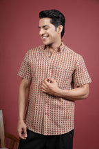 BEIGE AND RUST COTTON COLLAR NRCK HANDBLOCK SHIRT FOR MEN'S