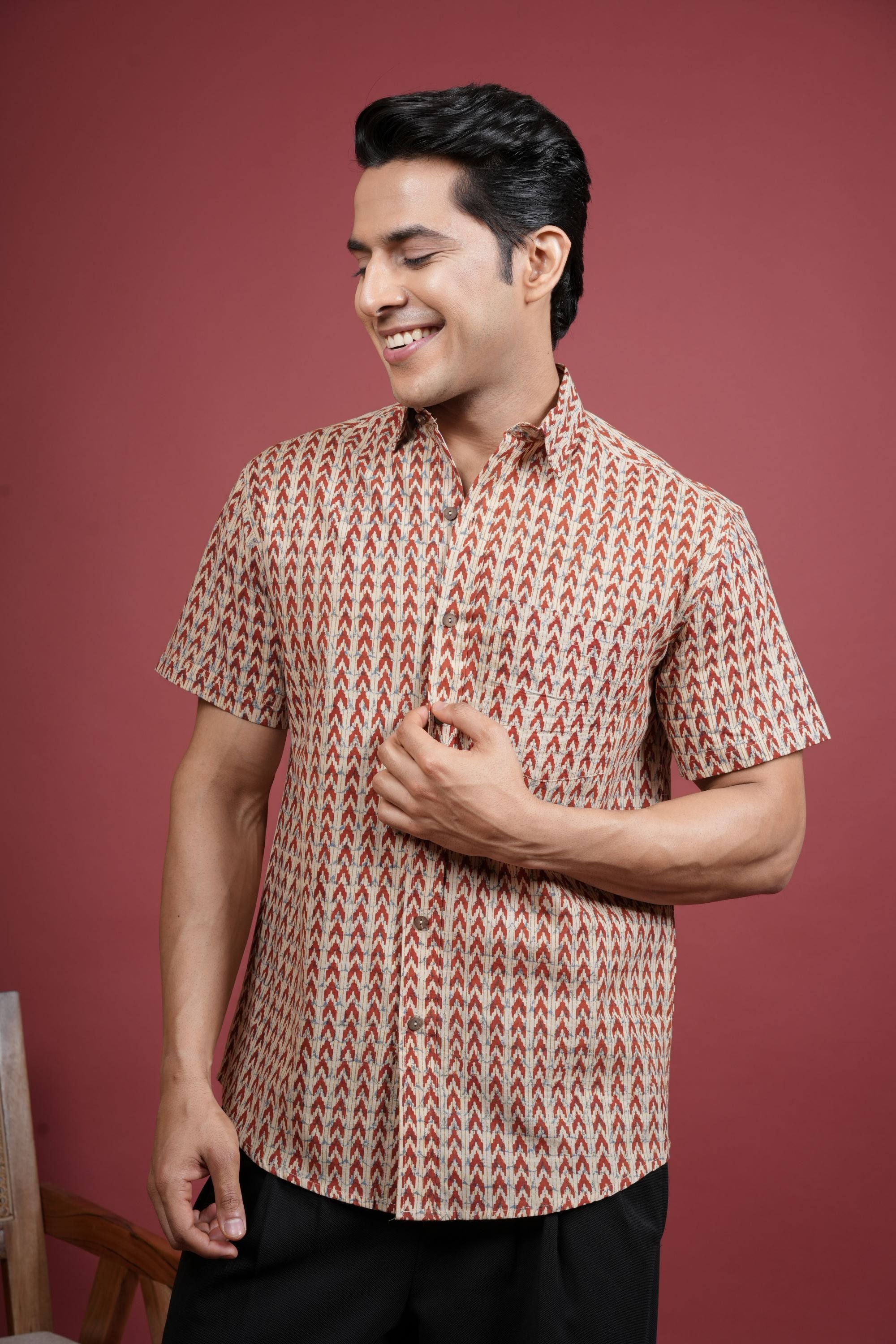 BEIGE AND RUST COTTON COLLAR NRCK HANDBLOCK SHIRT FOR MEN'S