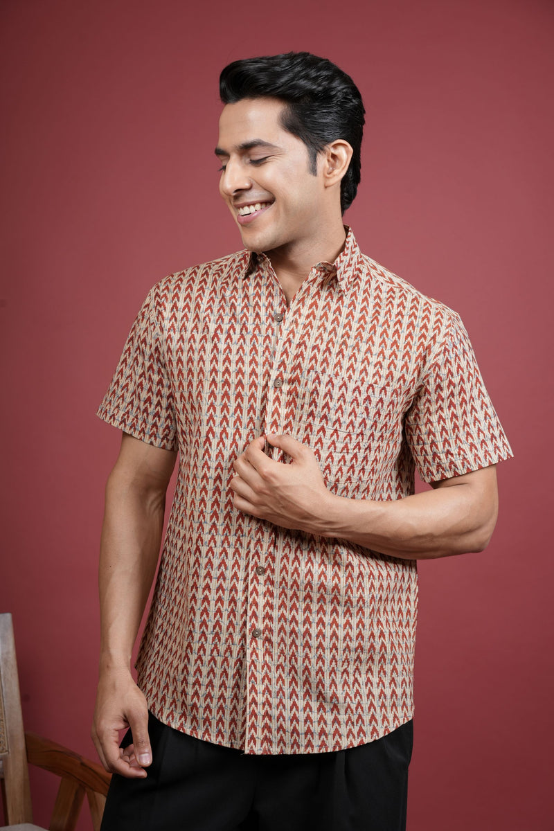 BEIGE AND RUST COTTON COLLAR NRCK HANDBLOCK SHIRT FOR MEN'S