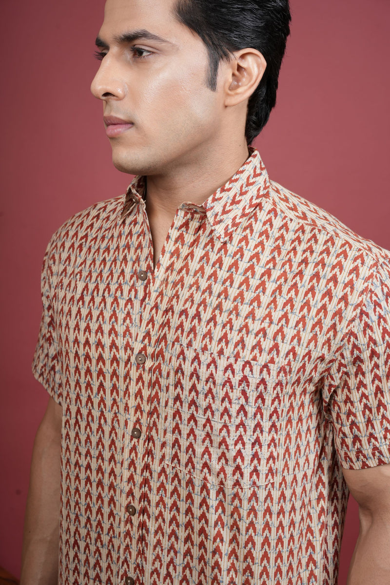 BEIGE AND RUST COTTON COLLAR NRCK HANDBLOCK SHIRT FOR MEN'S