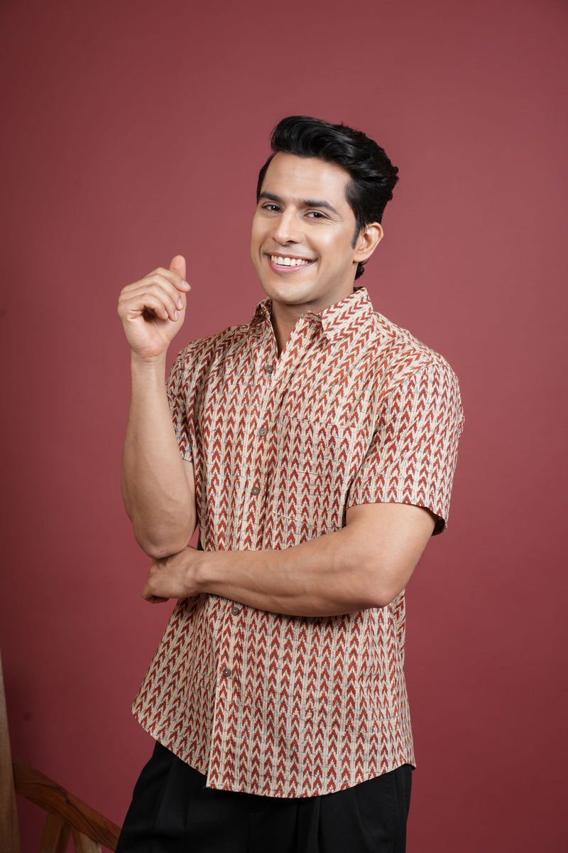 BEIGE AND RUST COTTON COLLAR NRCK HANDBLOCK SHIRT FOR MEN'S