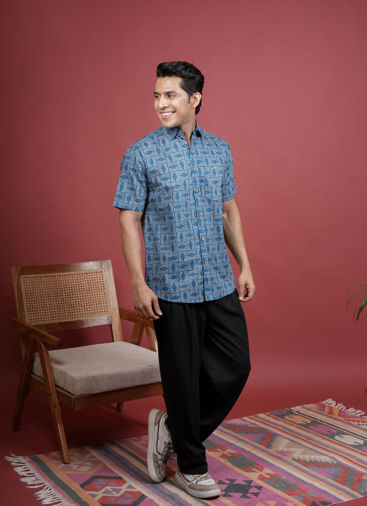 INDIGO COTTON COLLAR NECK FLORAL PRINT SHIRT FOR MEN'S