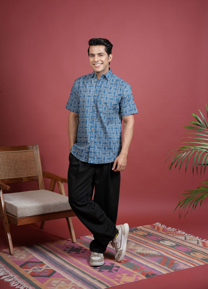 INDIGO COTTON COLLAR NECK FLORAL PRINT SHIRT FOR MEN'S