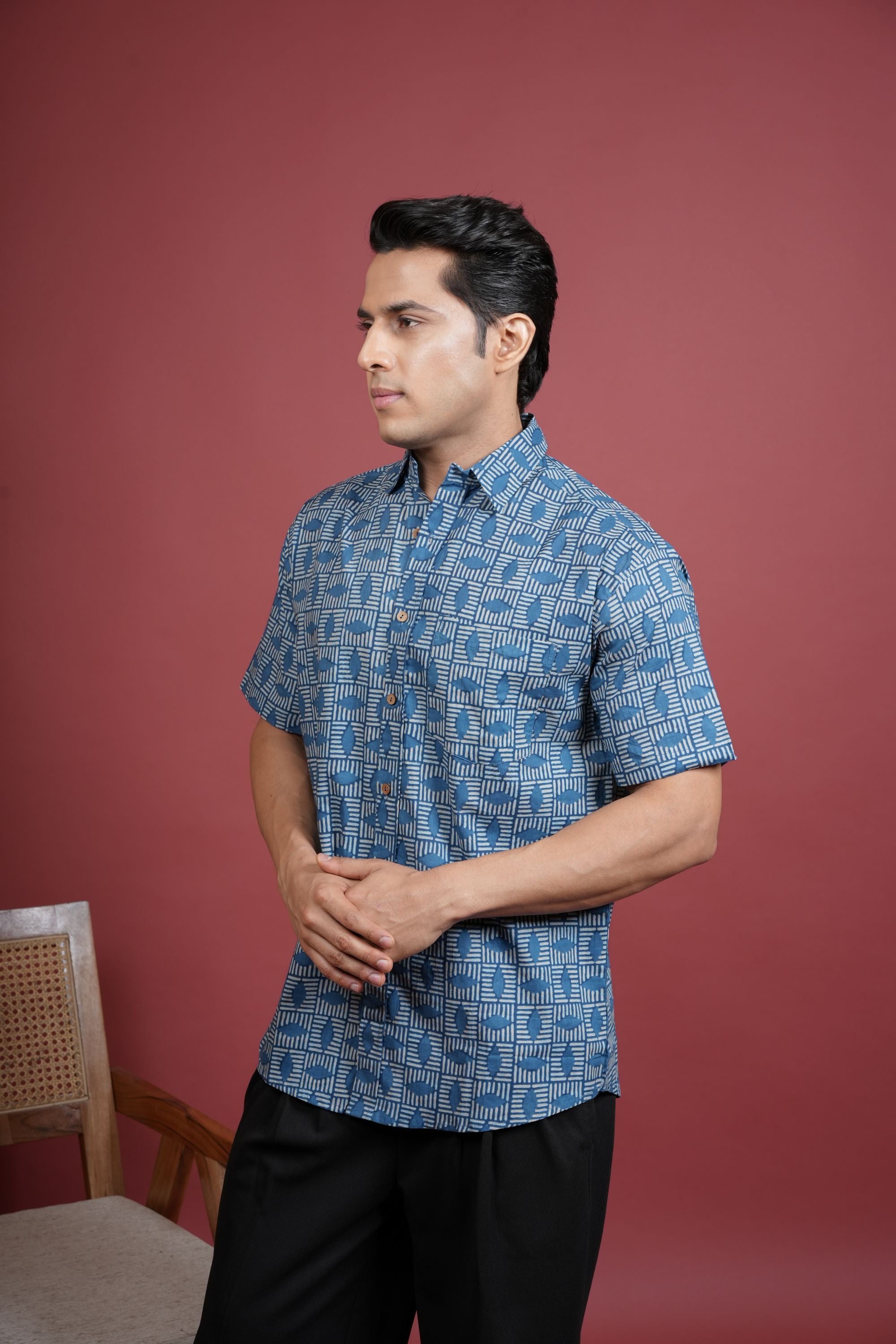 INDIGO COTTON COLLAR NECK FLORAL PRINT SHIRT FOR MEN'S