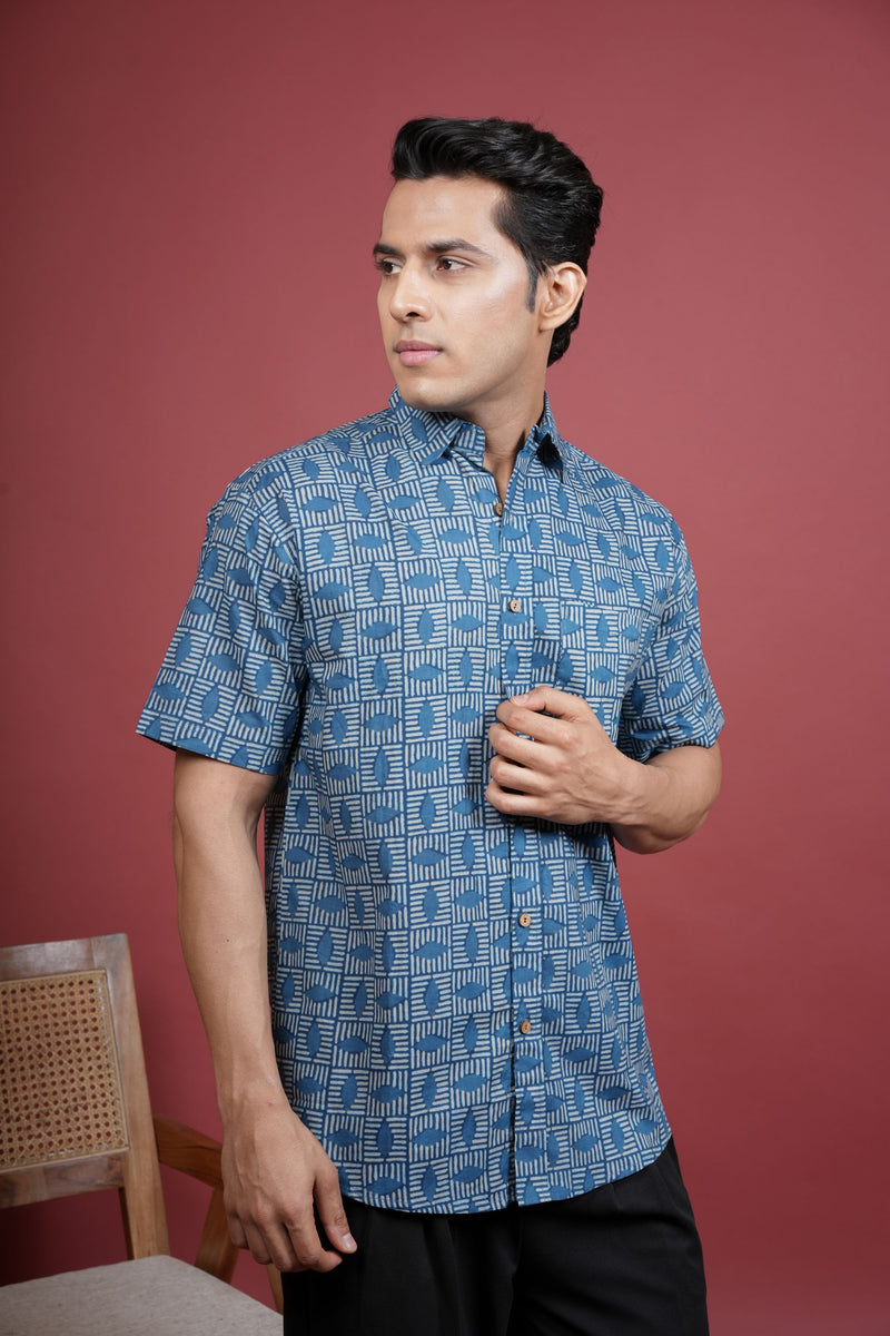 Indigo Cotton Printed Shirt For Men's