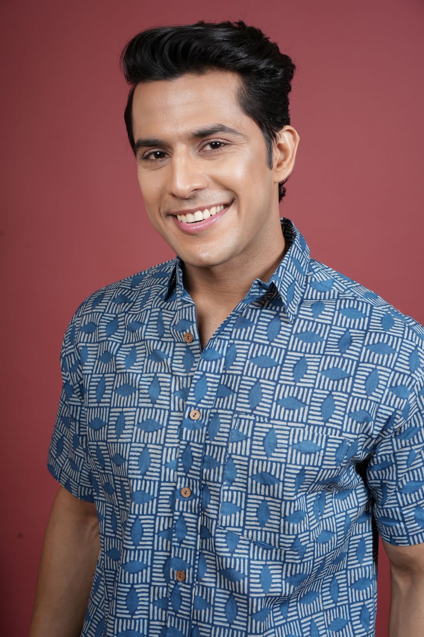 INDIGO COTTON COLLAR NECK FLORAL PRINT SHIRT FOR MEN'S