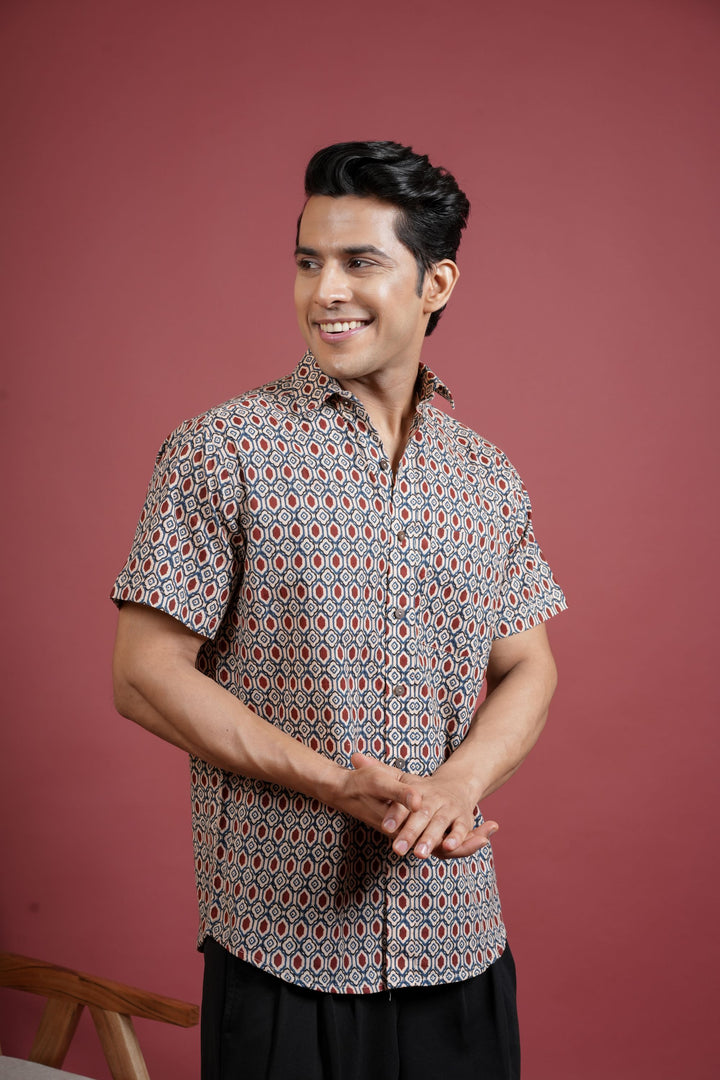 MULTICOLORED COTTON COLLAR NECK GEOMETRIC PRINT SHIRT FOR MEN'S