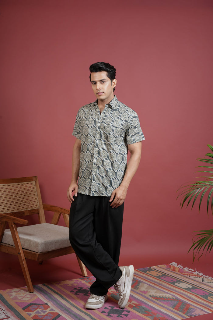 GRAY COTTON COLLAR NECK STAR-SHAPED MOTIF PRINT SHIRT FOR MEN'S