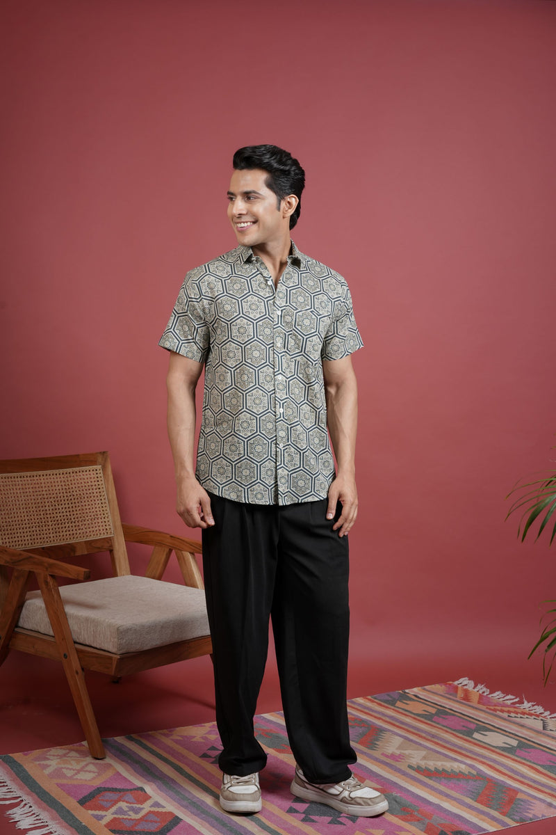 GRAY COTTON COLLAR NECK STAR-SHAPED MOTIF PRINT SHIRT FOR MEN'S