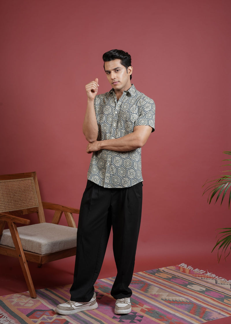 GRAY COTTON COLLAR NECK STAR-SHAPED MOTIF PRINT SHIRT FOR MEN'S