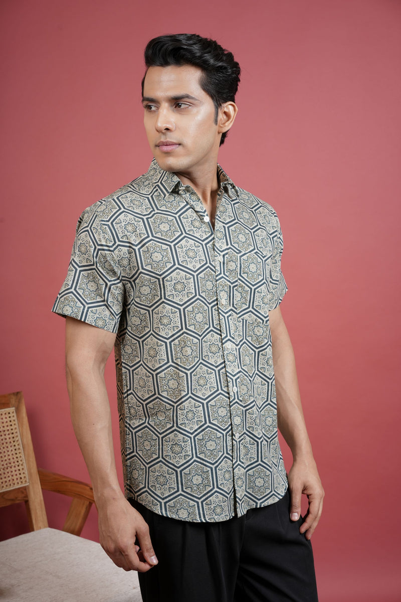 GRAY COTTON COLLAR NECK STAR-SHAPED MOTIF PRINT SHIRT FOR MEN'S