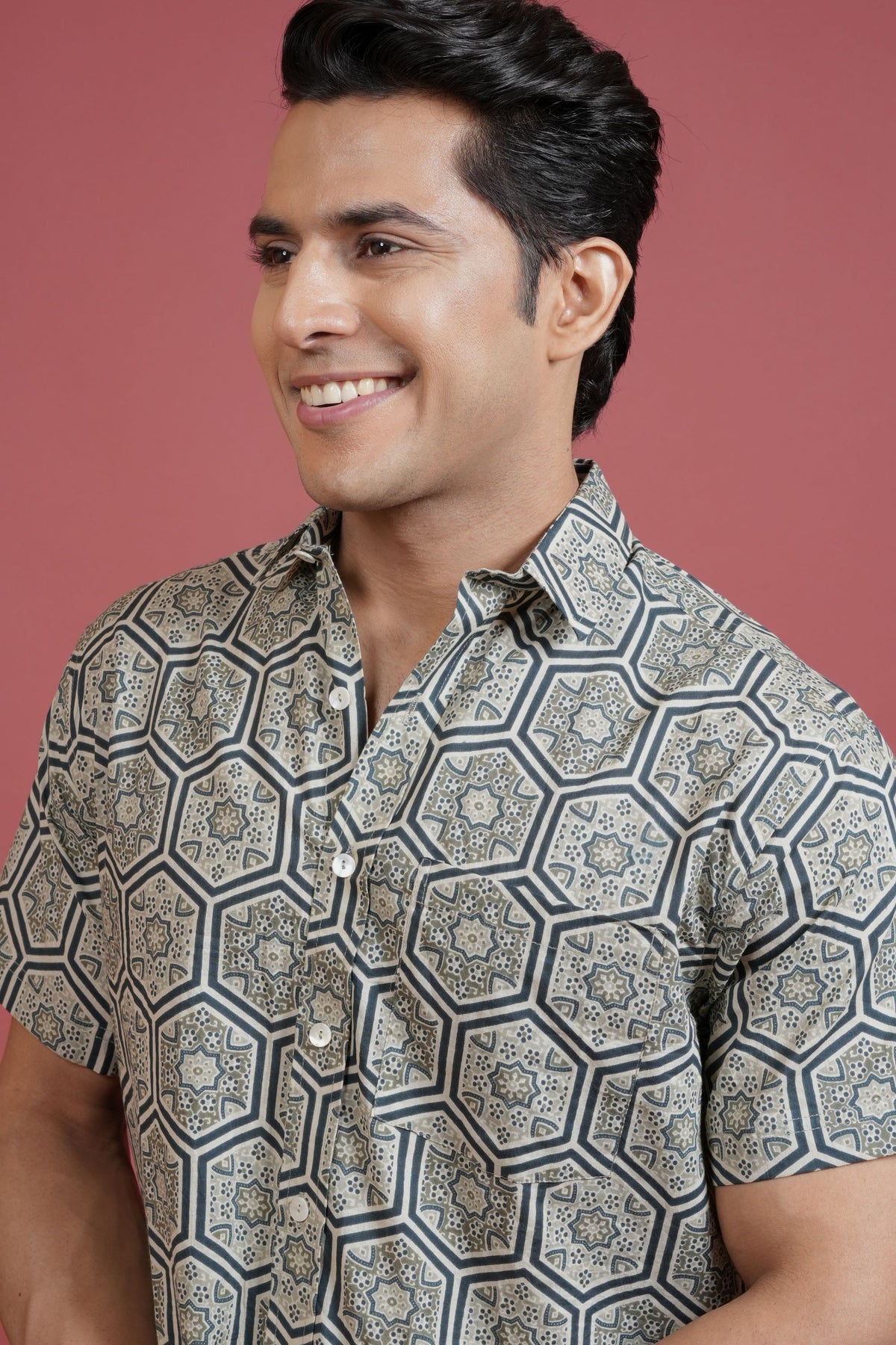 GRAY COTTON COLLAR NECK STAR-SHAPED MOTIF PRINT SHIRT FOR MEN'S