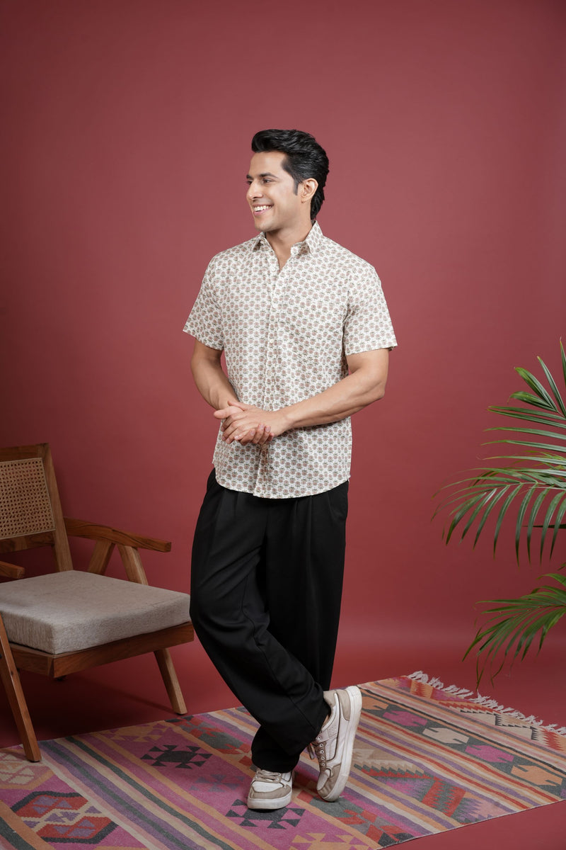 CREAM BASE COLOR COTTON COLLAR NECK FLORAL PRINT SHIRT FOR MEN'S