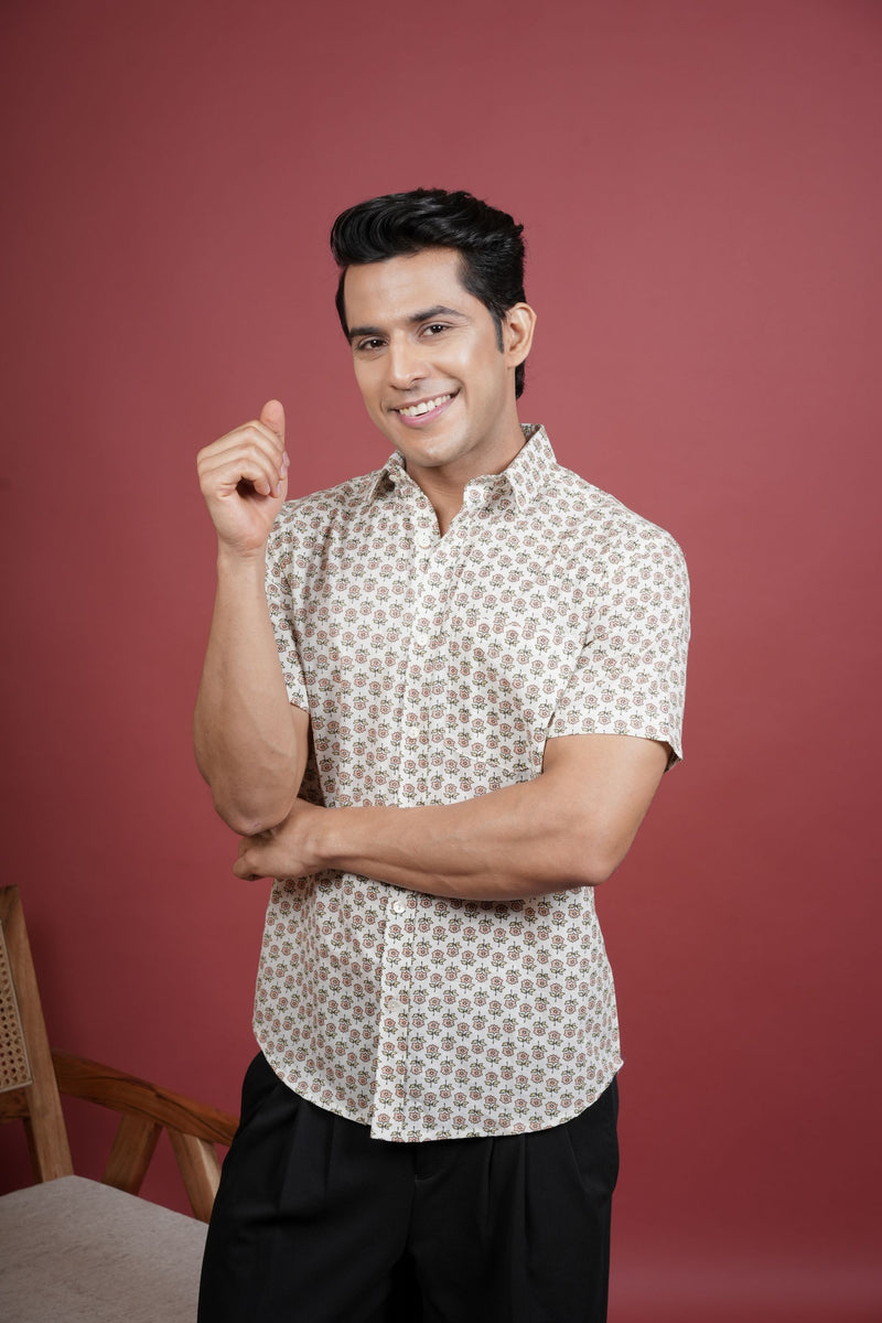 CREAM BASE COLOR COTTON COLLAR NECK FLORAL PRINT SHIRT FOR MEN'S