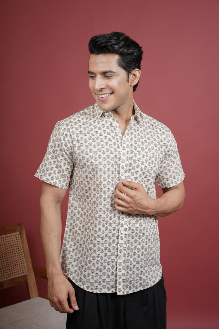 CREAM BASE COLOR COTTON COLLAR NECK FLORAL PRINT SHIRT FOR MEN'S