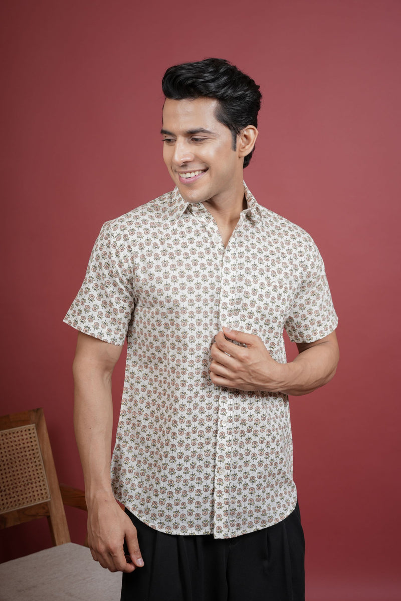 CREAM BASE COLOR COTTON COLLAR NECK FLORAL PRINT SHIRT FOR MEN'S