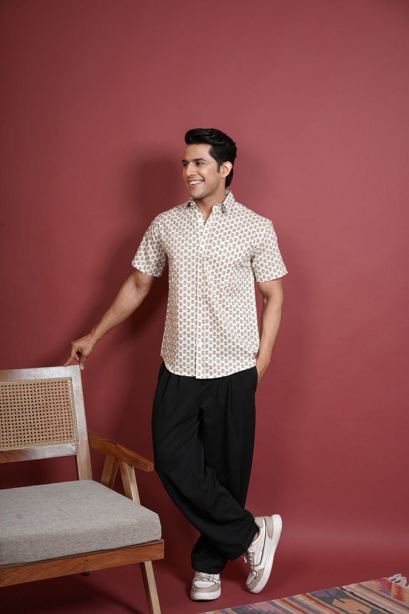 CREAM BASE COLOR COTTON COLLAR NECK FLORAL PRINT SHIRT FOR MEN'S