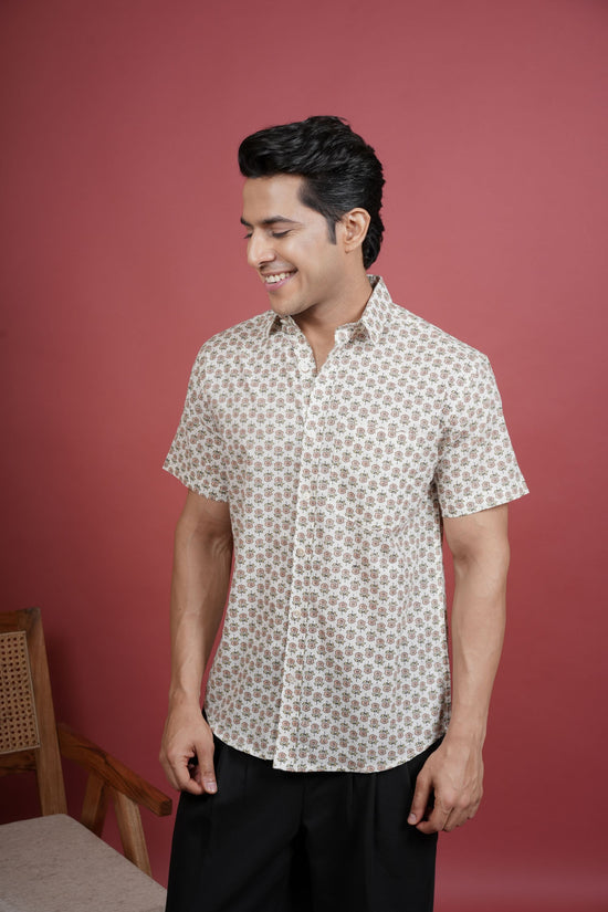CREAM BASE COLOR COTTON COLLAR NECK FLORAL PRINT SHIRT FOR MEN'S