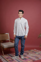 White Cotton Handblock Printed Shirt For Men's