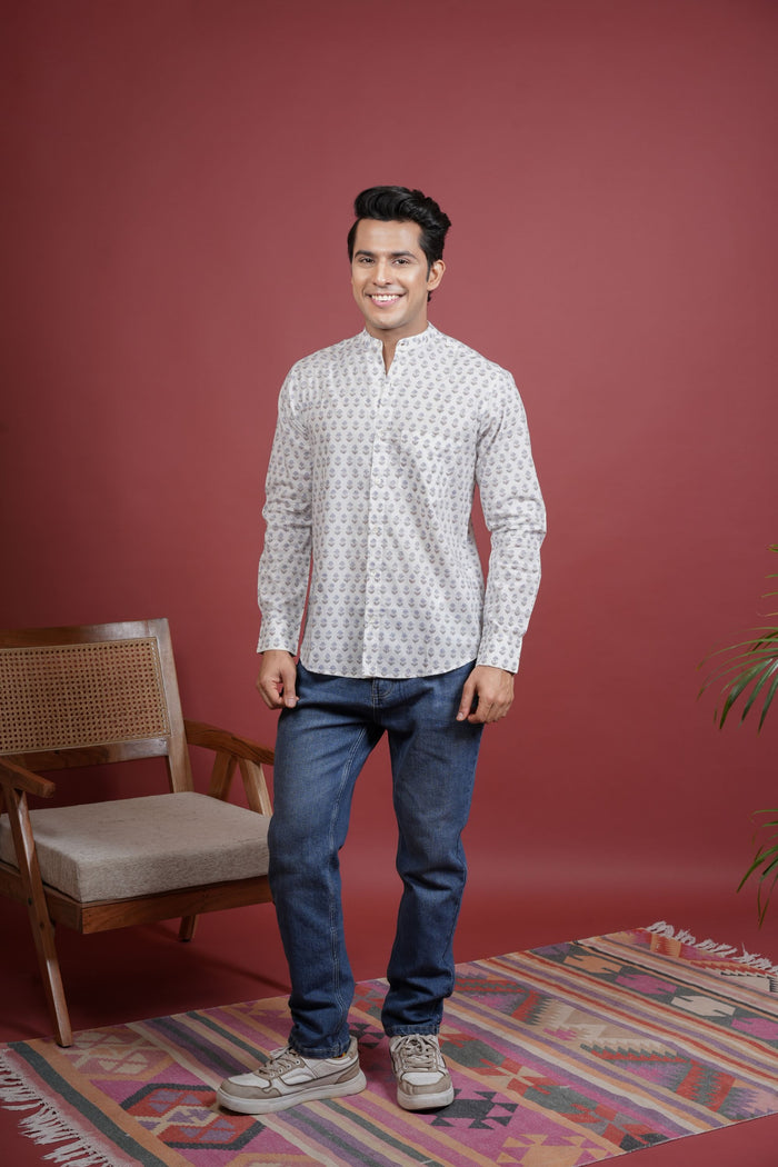 White Cotton Handblock Printed Shirt For Men's