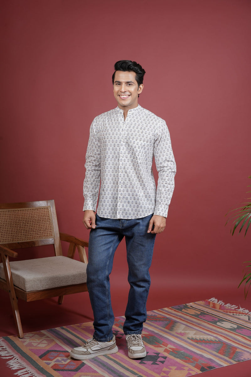 White Cotton Handblock Printed Shirt For Men's