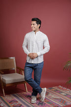 White Cotton Handblock Printed Shirt For Men's