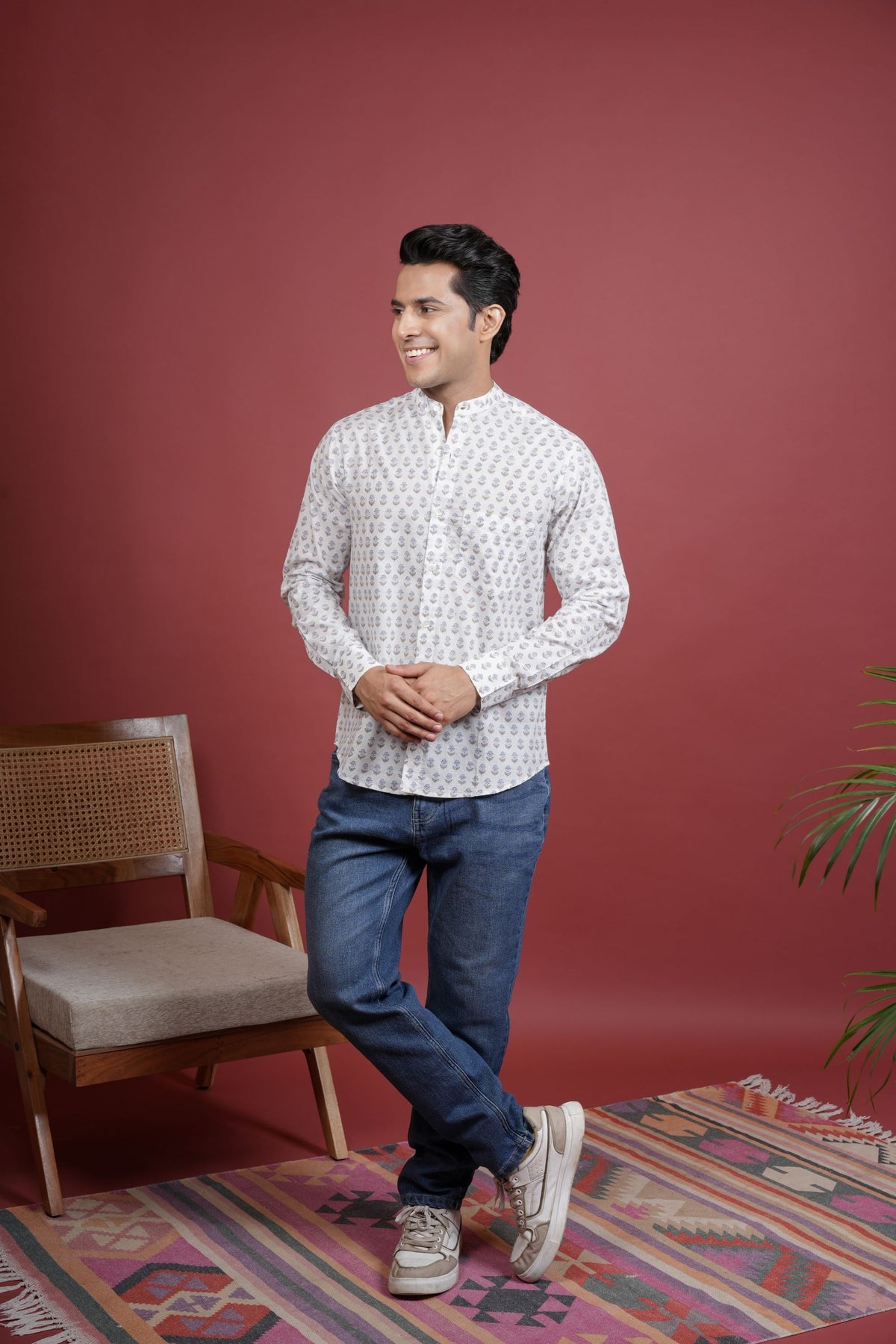 White Cotton Handblock Printed Shirt For Men's
