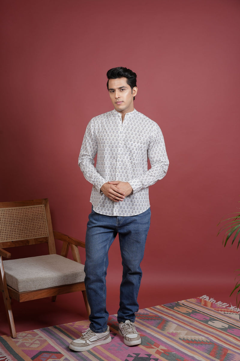 White Cotton Handblock Printed Shirt For Men's