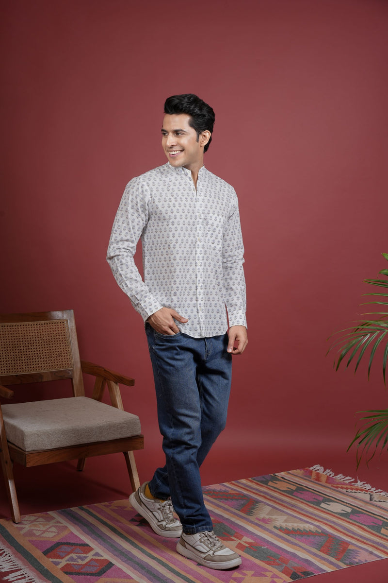White Cotton Handblock Printed Shirt For Men's