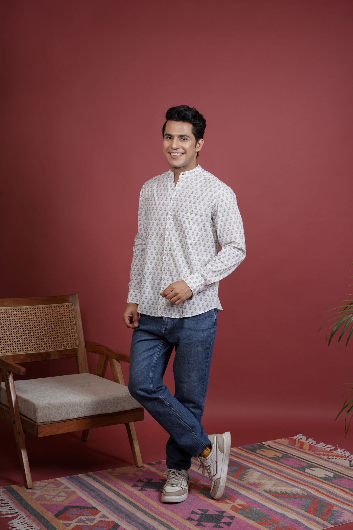 White Cotton Handblock Printed Shirt For Men's