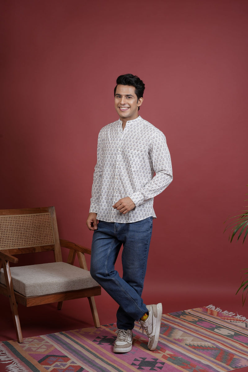 White Cotton Handblock Printed Shirt For Men's