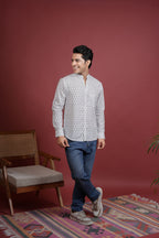 White Cotton Handblock Printed Shirt For Men's